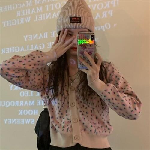 Korean Sweet Preppy Style Pink Leopard Women Sweater 2020 Autumn Kawaii Cartoon Knitting Cardigan Bandage Full Sleeve Sweaters