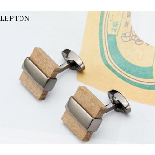Lepton Wooden Cufflinks for Mens Shirt Cuff Cufflink Black & Silver plated Wood Cuff Links For Wedding,Business,With Gift Box