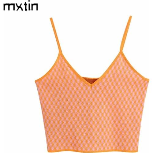 MXTIN 2021 Women Summer Fashion Sweet Plaid Cropped Knit Tank Tops Vintage V-Neck Sleeveless Backless Female Casual Chic Tops