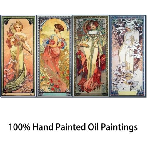 Hand Painted oil painting Photo to Canvas 4 Panels The Four Seasons Alphonse Mucha