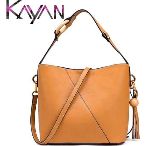 Newest Women Genuine Leather Tassel Handbag Cow Leather Ladies Shoulder Bag Fashion Hobo With Wood Ring High Quality