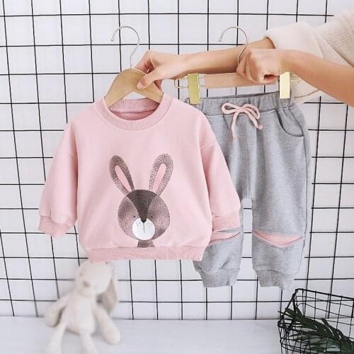 Autumn Korean Style Girl Casual Sets Fashion Cute Cartoon Print round Neck Long-Sleeved Sweater Trousers Suit For Kids