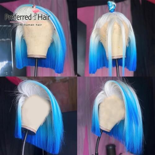 Preferred Ombre Blue Bob Wig Pre Plucked 13x6 Lace Front Wig Brazilian Remy Pink Highlight Wig Human Hair for Women