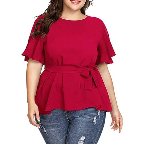 Plus Size Women Shirts Blouses Solid Color Bow Belted Knot Short Sleeve Shirt Belted Knot Womens Blouse одежда женская модная