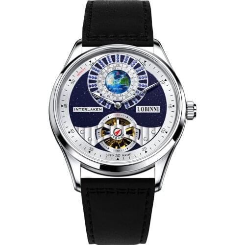 LOBINNI Luxury Men Watch, Mens Automatic Watches Waterproof Mechanical Wristwatch Skeleton Dial Austria Crystal Sapphire Mirror