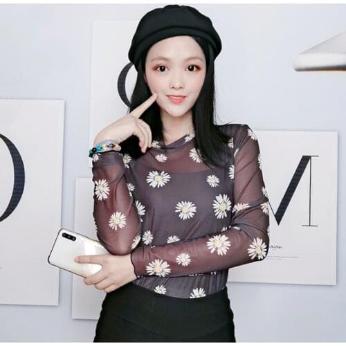 Sexy Women T Shirt See Through Transparent Mesh Tops Long Sleeve Sheer Slim Ladies Daisy Flower Turtleneck T-Shirt Women