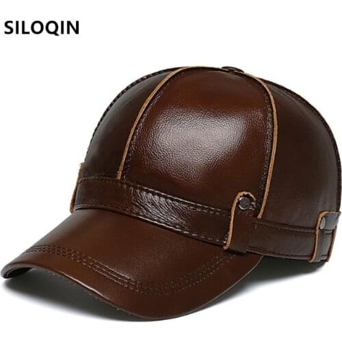 SILOQIN Winter Mens Windproof Warm Earmuffs Hats Cowhide Leather Baseball Caps Men Adjustable Size Natural Genuine Leather Cap