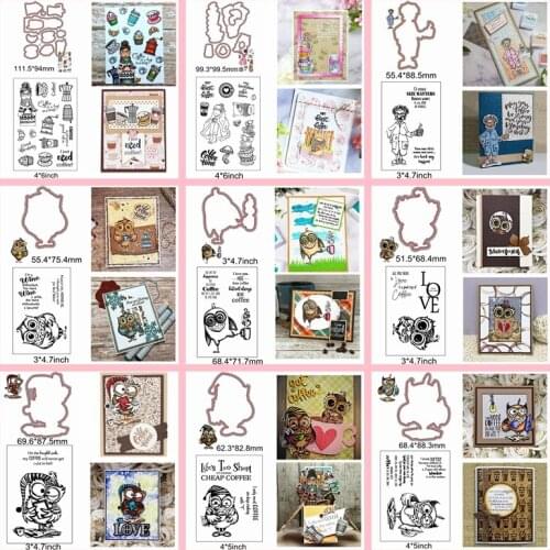 Mix Cute Owl Sentence Letter Human Coffee Tea Die Cut Metal Cutting Dies Combine Clear Silicone Stamp Decorate Cards Scrapbook