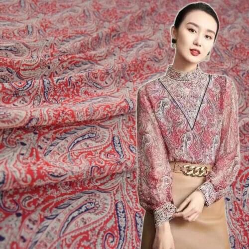Fiber Yarn Chiffon Fabric Red Cashew Print Fabric Shirt Cheongsam Dress Handmade DIY Fabric
