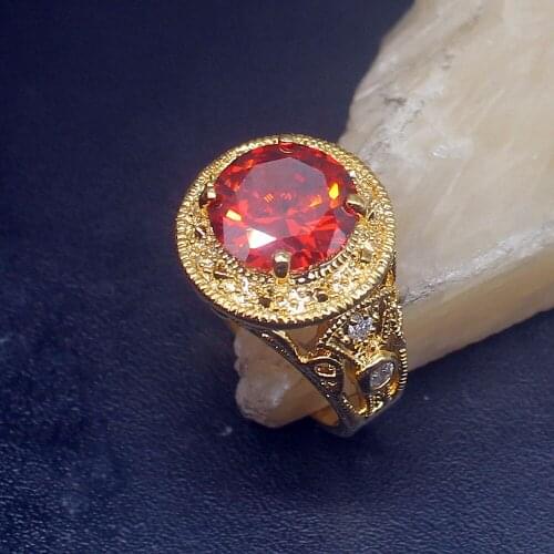 Gemstonefactory Jewelry Big Promotion Single Unique Yellow Gold Plated Red Garnet Women Men Gifts Band Rings 8# 20213011