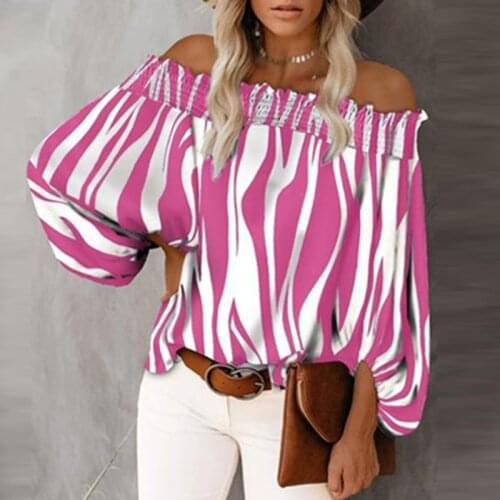 Autumn Fashion Striped Print Lantern Sleeve Lady Blouses Sexy Off Shoulder Pullover Top Spring Elegant Casual Long Sleeve Shirts
