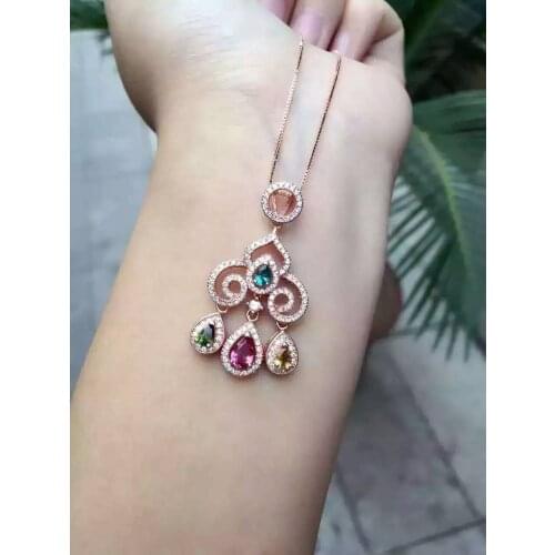 Natural multicolor tourmaline pendant S925 silver Natural garnet Pendant Necklace trendy Slender tower Clouds women fine jewelry