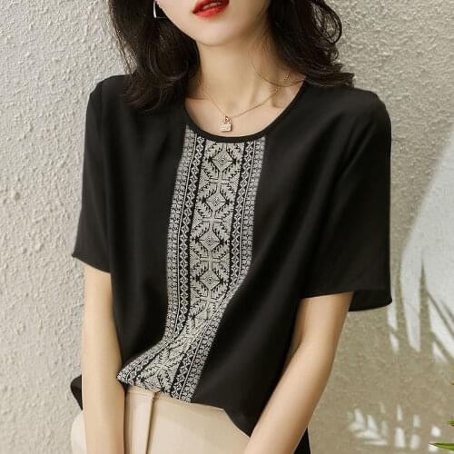 Embroidery Chiffon Women T-Shirts Summer New 2021 O-Neck Short-Sleeved Slim Elegant Office Lady Pulls Outwear Tops Tees