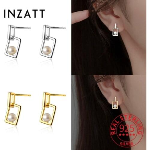 INZATT Real 925 Sterling Silver Round Pearl Square Pendant Stud Earrings For Women Cute Fine Jewelry Minimalist Accessories Gift