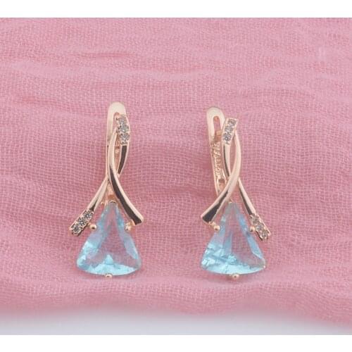 FJ 12mm Triangle Light Blue Cubic Zircon Women 585 Rose Gold Color Earrings