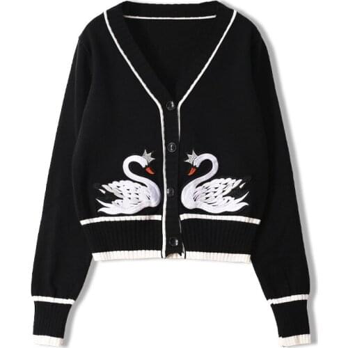 Womens Sweater Swan Print Jacket Cashmere Cardigan Mid-length Knitted Jacket V-neck Loose Sweater Thin Ladies Trench Coat