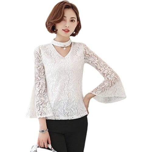 Spring Summer Lace Top Shirt Sexy V Neck Long Flare Sleeve Casual Women Lace Crop Top Plus Size