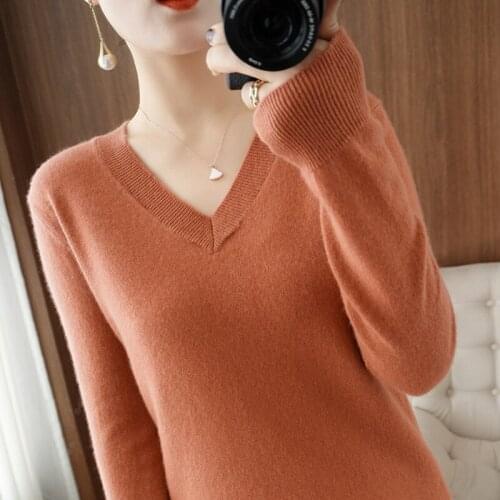 Womens Sweater Knitted Female Long Sleeve V-neck 100% Wool Cashmere Sweater And Pullover Autumn Winter Loose Jumpers Plus Size