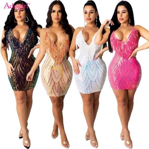 Adogirl Women Sequins Tassel Bodycon Dress Sexy Deep V Neck Spaghetti Straps Sheath Mini Night Club Party Dresses Christmas