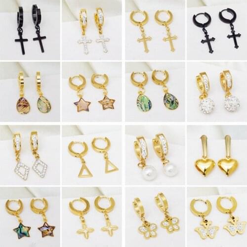 16 Pairs Random Style Cross Heart Design Cute Stainless Steel Hoop Earrings for Women Girls Gold Hoops
