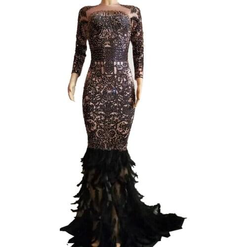 Sparkly Rhinestones Feather Trumpet Dress Women Sexy Nightclub Black Long Dress Prom Costumes Birthday Celebrate Party Dresses