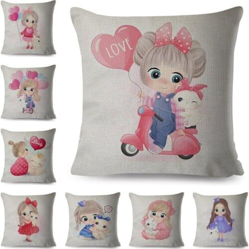 Lovely Cartoon Girl and Cat Pillow Case Decor Cute Animal Cushion Cover for Children Room Sofa Home Polyester Pillowcase 45x45cm
