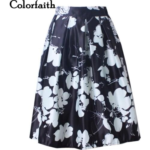 Fashion 2016 Spring Satin Skirt Women Vintage Casual Black White Painting Printed Ball Gown Pleated High Waist Midi Skirt SK040