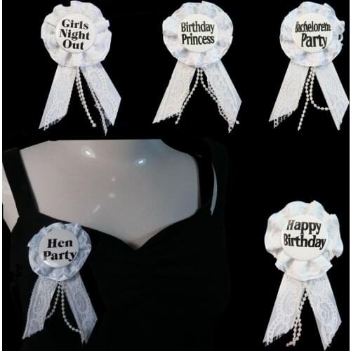 3pcs 4.5 round badge White lace White ribbon brooch wedding event happy birthday pin bride to be hens bachelorette party button