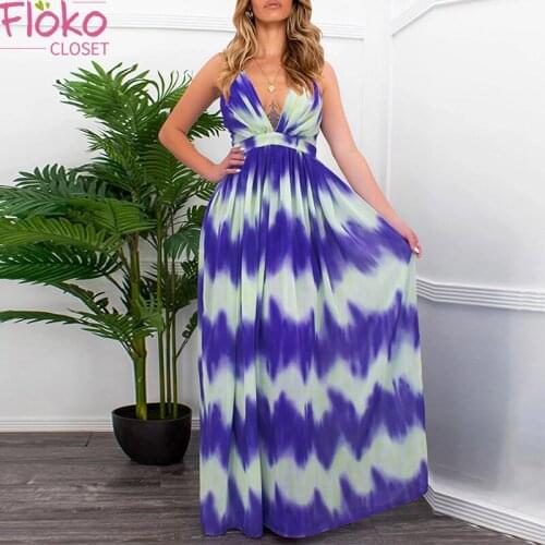 Flokocloset Summer V-Neck Tie Dyed Maxi Dress for Women Sleeveless Club Party Holiday Spaghetti Strap Sundress