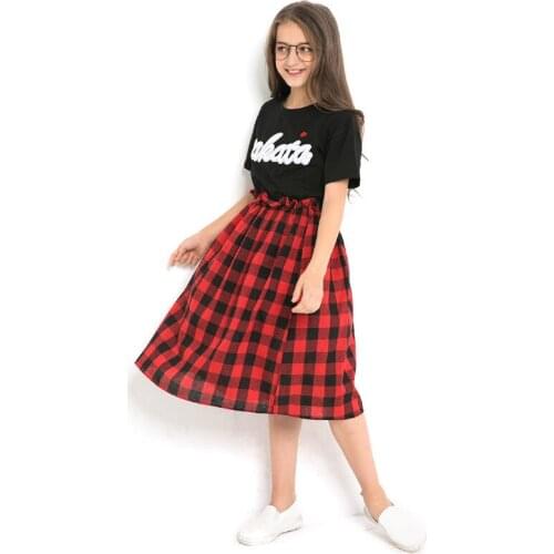 Summer Girls Clothes Plaid Skirts Two Pieces Casual Party Kids Suits Short Sleeve Tops Teenage Girl Clothing 8 10 12 14 years
