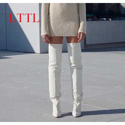 LTTL New Arrival Women Thigh High Boots Kim Kardashian White Microfiber Bootie Thin High Heel Over the Knee Boots Plus Size
