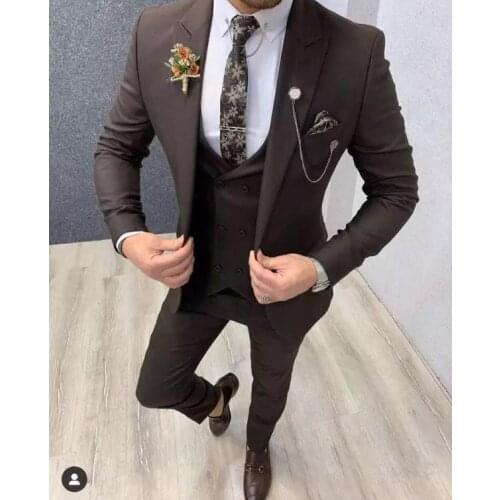 Costume Homme Double Breasted Vest Peak Lapel Groom Tuxedos Men Suits Wedding Prom Dinner Best Man Blazer (Jacket+Pants+Vest)