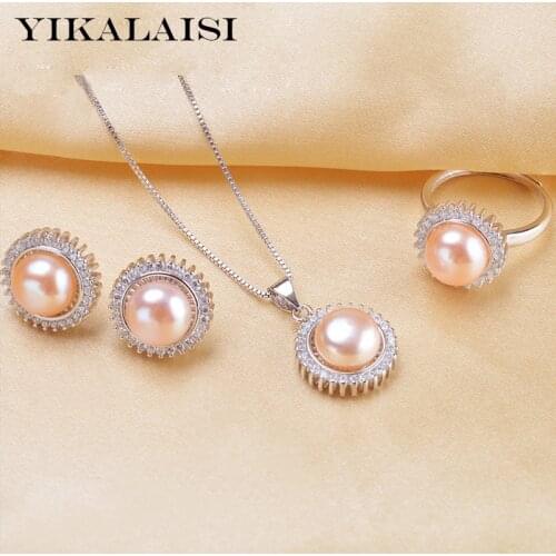 YIKALAISI 2017 natural Pearl set jewelry set pearl pendant ring earrings for women 925 sterling silver jewelry for women