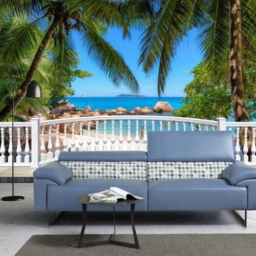 Custom Mural Wallpaper Modern Balcony Coconut Tree Sea View Fresco Living Room TV Sofa Bedroom Background Wall Papel De Parede