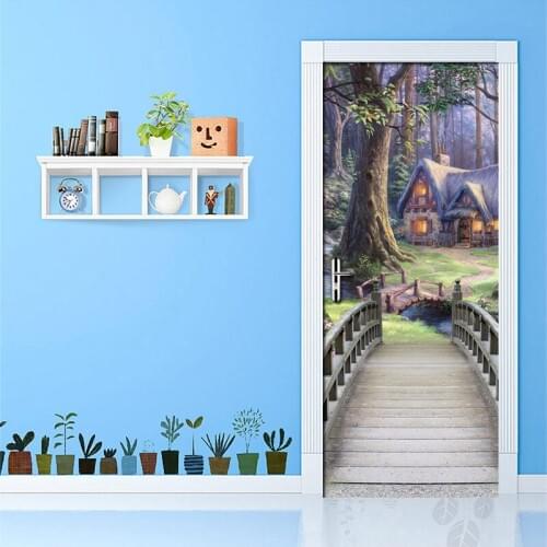 3D Door Wallpaper Hand-painted Wooden Bridge Tree Living Room Bedroom PVC Waterproof Door Stickers Home Decoration Wall Painting