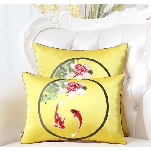 Fish Embroidery Cushion Cover Double Koi Yellow Solid Pillwcase Chinese Style Soft Throw Pillow Cover Restaurant Sofa Decor