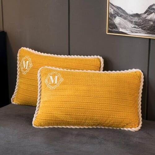 Mustard yellow pillowcase home bedroom sofa solid color winter flannel pillowcase bedding decoration pillow leaf