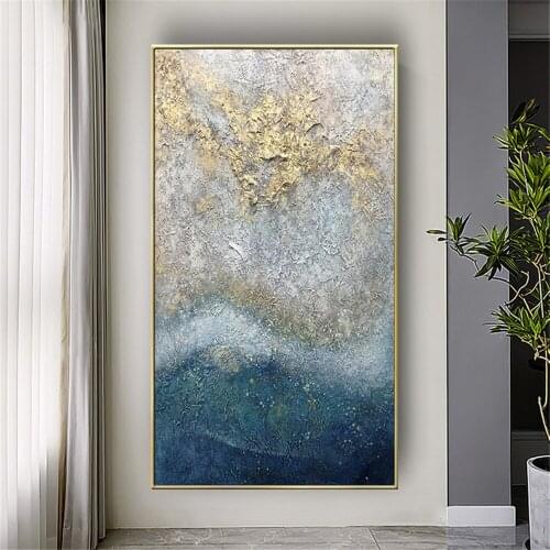 Hand Painted Luxury Spectacular Brilliant Golden Oil Painting Modern Abstract Sea Star Sky Landscape Textured Canvas Wall Art