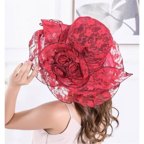 New Ladies Elegant Lace Flowers Church Hats Summer Wide Brim Fedora Hat For Women Breathable Mesh Beach Sun Kentucky Derby Hat