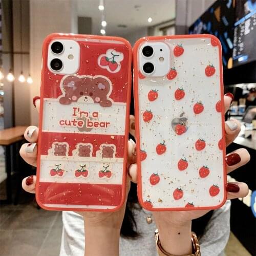 Bling Bear phone case For iphone 11 silicone case Xs MAX XR 6s 7 8 Glitter Strawberry soft back Cover for coque iphone SE 2 2020