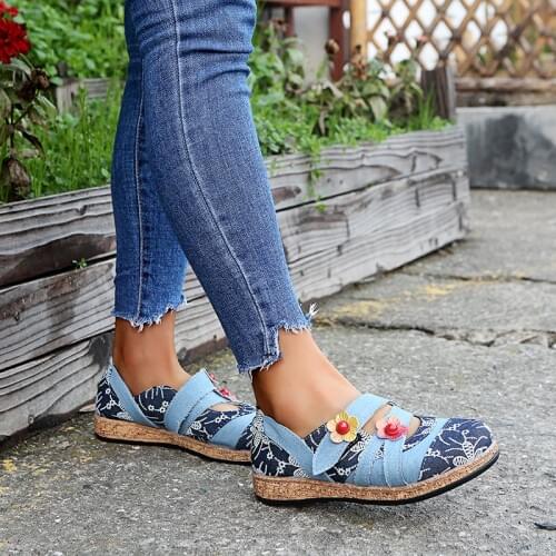 Spring Women Shoes New Vintage Patchwork Floral Genuine Splicing Colored Hook Loop Flat Shoes Autumn Casual Female