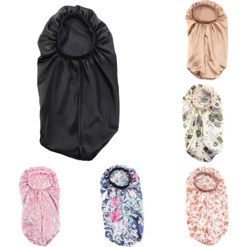 Women Extra Long Satin Bonnet Sleep Cap Colorful Floral Elastic Band Silky Night Hat for Curly Braids Dreadlocks Hair