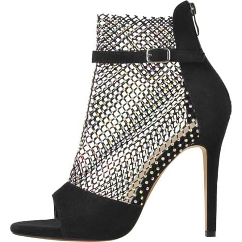 Richealnana Woman Black Mesh Sandals Peep Toe Back Zip High Heels Ankle Strap Buckle Rhinestone Ladies Shoes Big Size US5-15