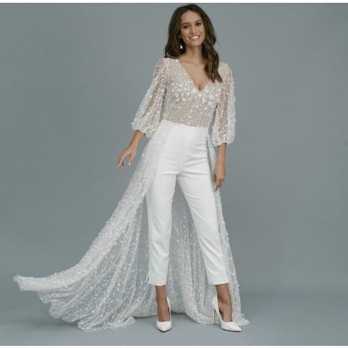 Wedding Dresses Jumpsuit with Long Train 3D Floral Appliques Sequins Long Sleeves Outfit Women Reception Gowns Bridal Pant Suit