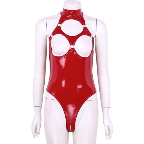 Womens Lingerie Leather Sexy Thong Bodysuit Wet Look Halter Neck Hollow Out Nipples Open Back Crotchless Thong Leotard Bodysuit