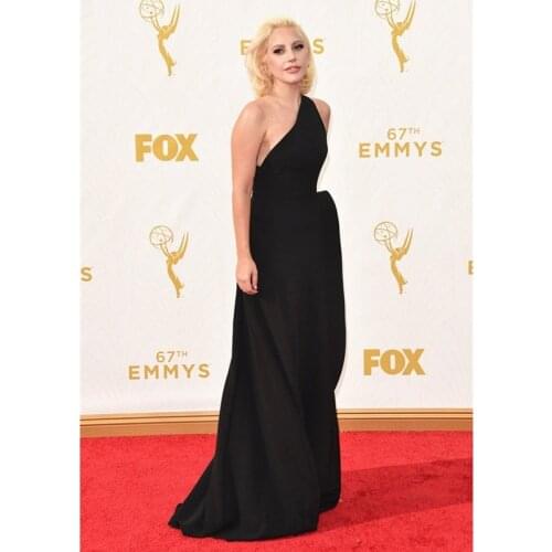 Elegant Lady Gaga Red Carpet Dresses 67th Emmy Awards A-Line Sexy Black Chiffon Party Gown Ruched One Shoulder Celebrity Dresses