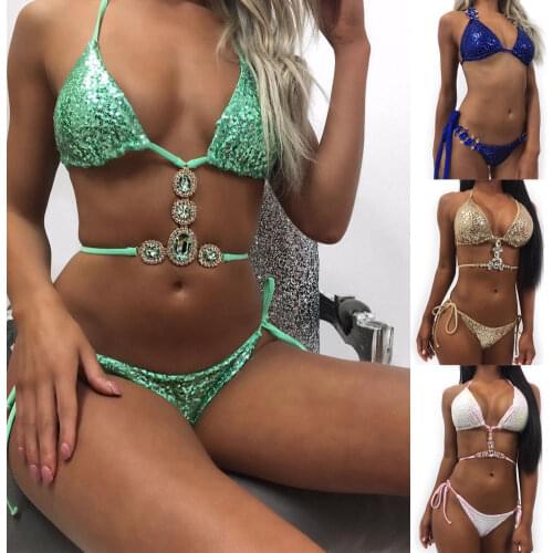 US 2020 Women Sexy Bikini Push Up Summer Beach Swimsuit Bandage Crystal Swimwear Bathing Beachwear Gold Silver S-XL