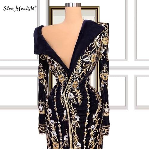 Turn Down Neck Luxury Evening Dress Beaded Sequined Long Sleeve Arabic Longue Robes Vestido De Novia Formal Prom Dresses