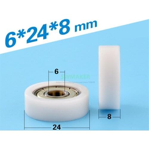 10pcs 6*24*8mm 626ZZ bearing pulley, F type POM engineering plastic roller, nylon wheel for drawer/showcase/furniture