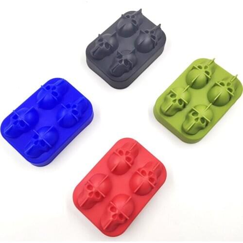 4 Grid 3D skull flexible silicone skull ice cube tray mold with lid